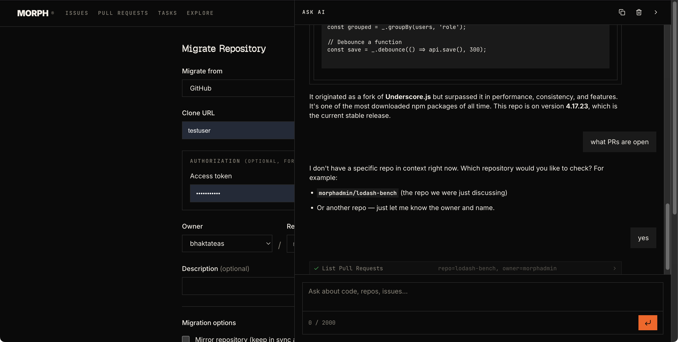 Migrate Repository page with GitHub source, clone URL, and migration options